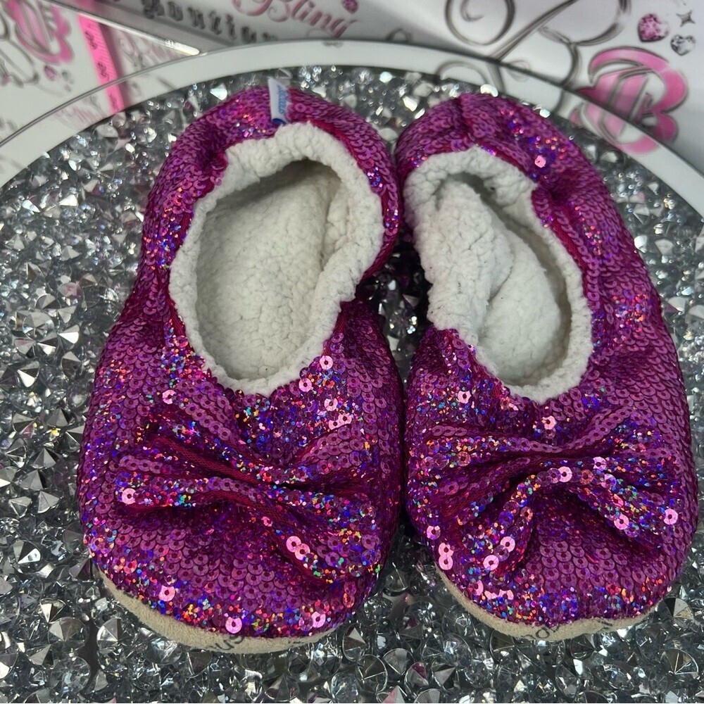Snoozies slippers sequins sparkly neon Sparkling Pink Sequin Bow Slippers